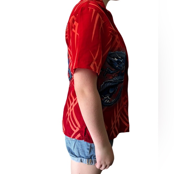 90s / Y2K Vintage Dragon Print Flame Anime Samurai Skateboarding Button Up Shirt - Picture 6 of 12